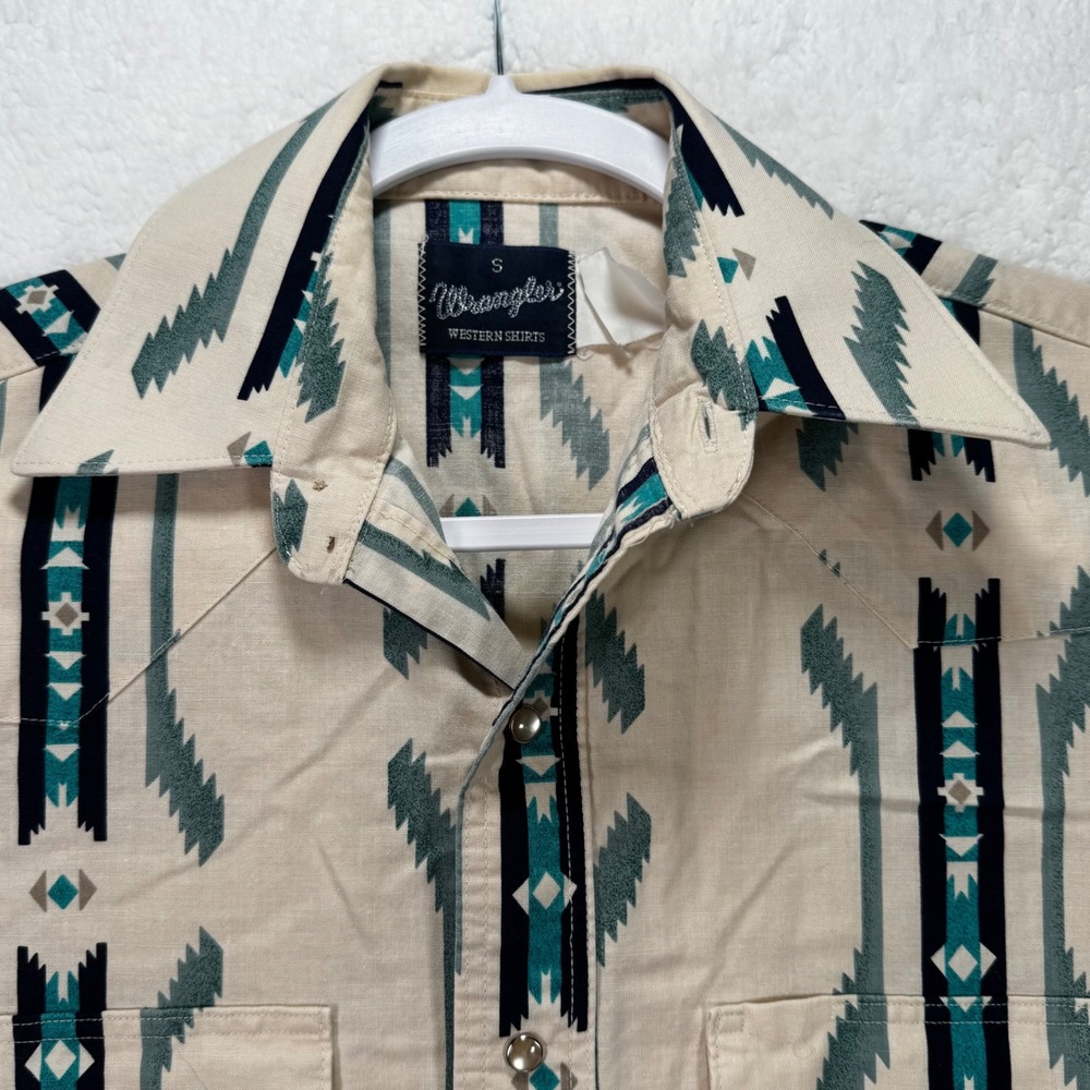 Wrangler Mens Aztec Western Snap Shirt Small Teal Tan Geometric Long Sleeve - Picture 8 of 12